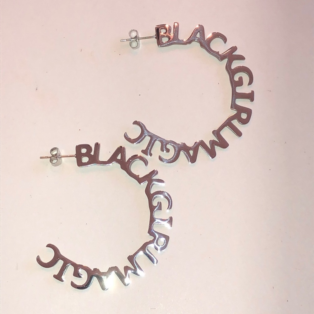 Black Girl Magic Silver Tone Boho Hoop Earrings - Picture 2 of 5